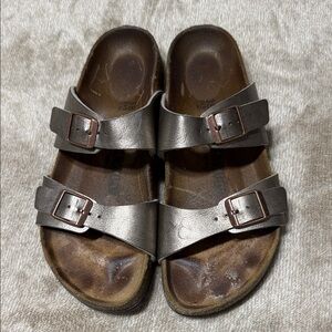 Birkenstock Metallic Pewter Double Buckle Slides size 38